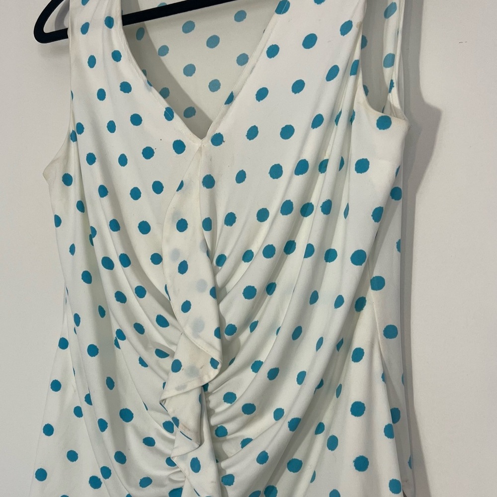 Elegant White and Blue Polka Dot Blouse